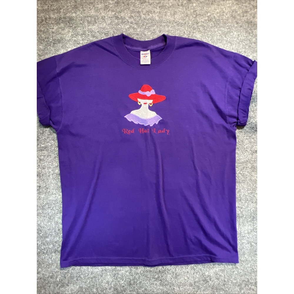 Vintage Jerzees Red Hat Society Embroidered T-Shirt XL Purple Y2K Cuffed Sleeve